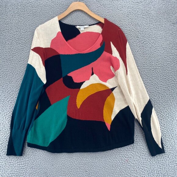 Chicos Sweater Womens 1 US Medium Multi Spun Rayon Petals V Neck Pullover Knit - Picture 1 of 9
